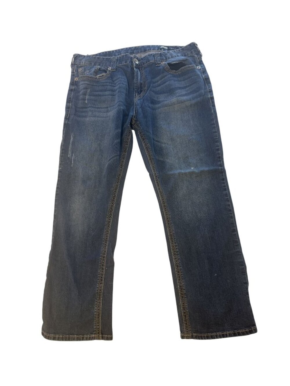 Seven7 Mens Straight Fit Distressed Blue Denim Jeans With Fading 5 Pockets Butto